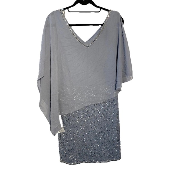 J Kara Dress Caplet V-Neck Short Cocktail Beaded Dress Size 8 Dusty Blue NWT - Picture 2 of 6